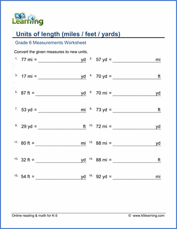 Grade 6 Worksheets: Convert lengths between feet, yards and miles | K5