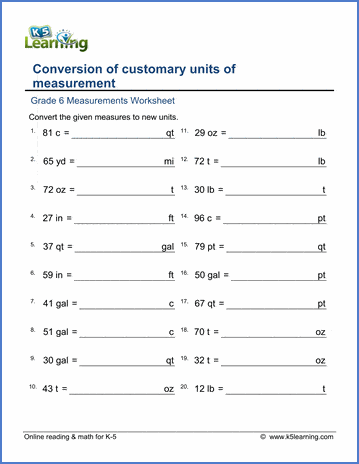 Grade 6 Measurement Worksheet conversion of units - mixed practice