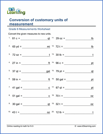 Grade 6 Measurement Worksheets: Convert customary units - mixed | K5  Learning