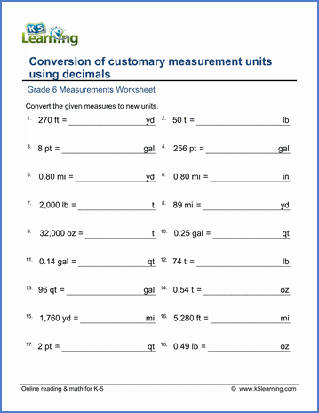 Grade 6 Measurement Worksheet conversion of customary units using decimals