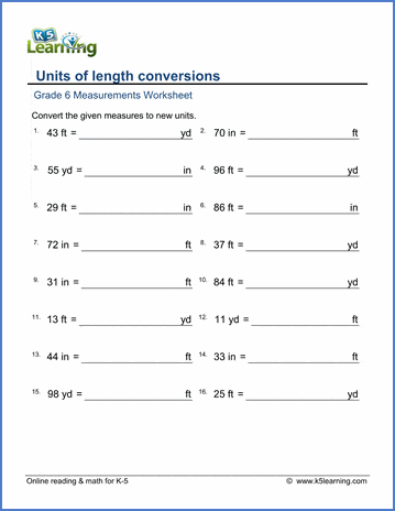 Grade 6 Measurement Worksheets: Convert lengths (inches, feet, yards) | K5  Learning