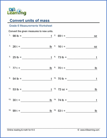 Grade 6 Measurement Worksheet convert between ounces, pounds and tons