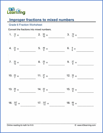 Grade 6 Fractions Worksheet converting fractions to mixed numbers