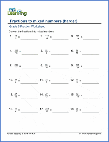 Grade 6 Fractions Worksheet converting fractions to mixed numbers - harder