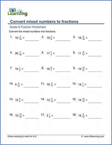 Grade 6 Fractions Worksheet converting mixed numbers to fractions