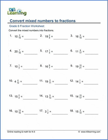 Grade 6 Fractions Worksheets: Convert mixed numbers to fractions | K5  Learning
