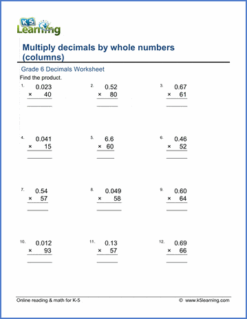 Grade 6 Multiplication of Decimals Worksheets - free & printable | K5  Learning