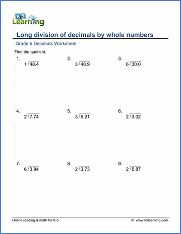 Grade 6 Decimals Worksheet long division of decimals by whole numbers