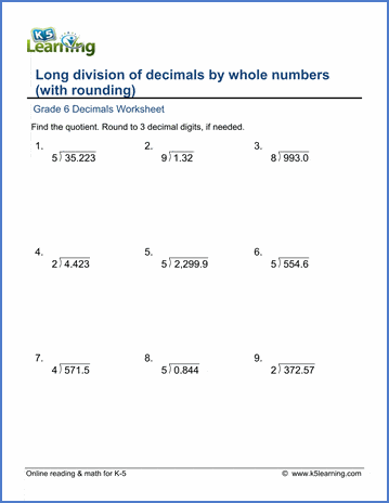 Grade 6 Decimals Worksheet long division of decimals by whole numbers with rounding