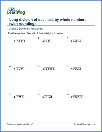 Worksheet Long division of decimals by whole numbers (rounding) | K5  Learning