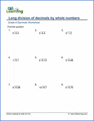 Grade 6 Decimals Worksheet long division of decimals by whole numbers