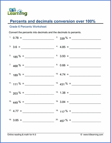 Grade 6 percents Worksheet percents and decimals conversion over 100%