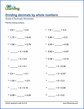 Grade 6 Decimals Worksheet dividing decimals by whole numbers with missing number