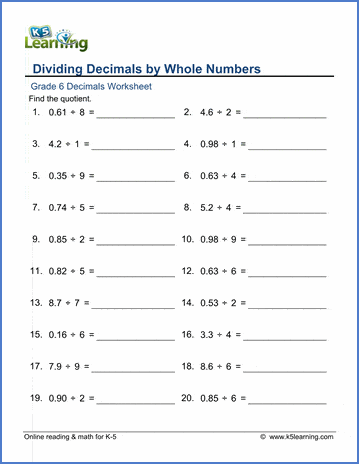 Grade 6 Decimals Worksheet dividing decimals by whole numbers