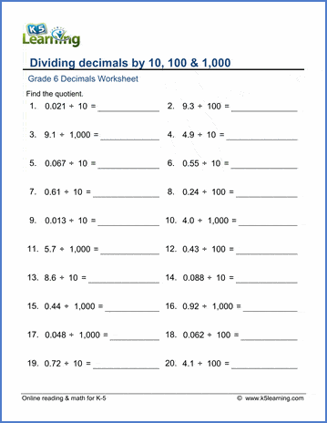 Grade 6 Decimals Worksheet dividing 1-3 digit decimals by 10, 100 or 1,000