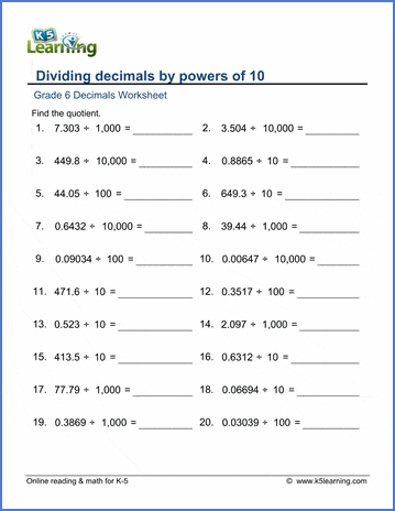 Grade 6 Decimals Worksheet dividing 1-5 digit decimals by powers of 10