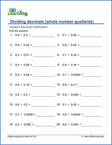 Grade 6 Decimals Worksheet dividing 1-digit decimal by a decimal