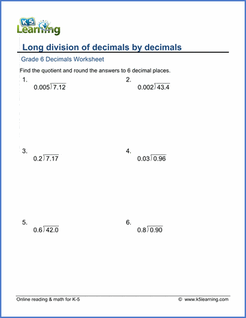 Grade 6 Decimals Worksheet division of decimals by 3-digit decimals