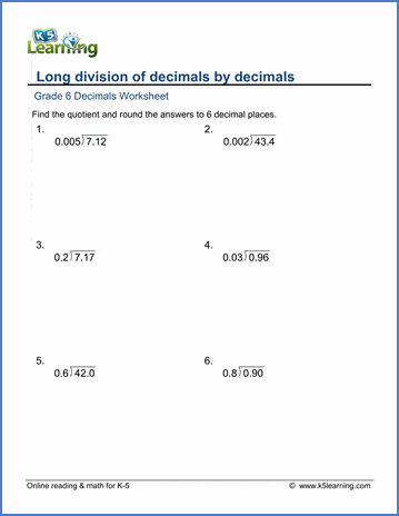 grade 6 math worksheets long division of decimals 3 digits k5 learning