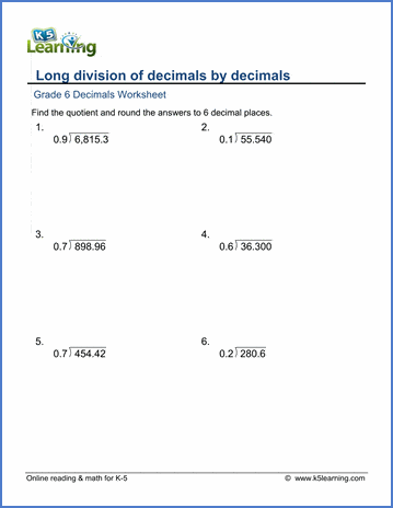 Grade 6 Decimals Worksheet division of decimals by 1-digit decimals