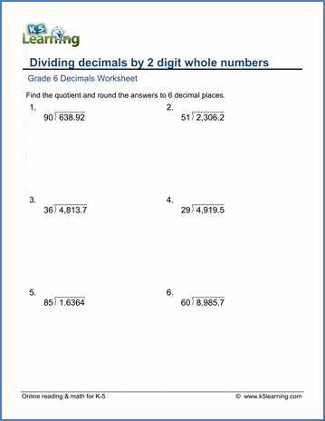 Grade 6 Decimals Worksheet dividing decimals by 2-digit whole numbers