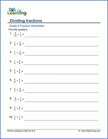 Grade 6 Fractions Worksheet dividing fractions