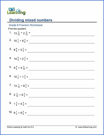 Grade 6 Fractions Worksheet dividing mixed numbers