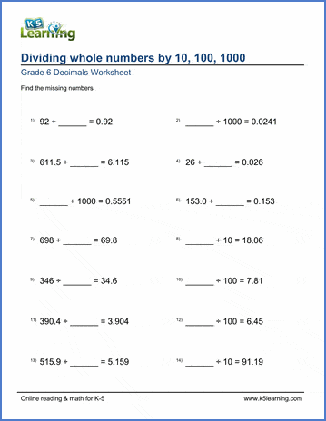 Grade 6 Decimal Worksheets: Divide by 10/100/1,000 (missing numbers