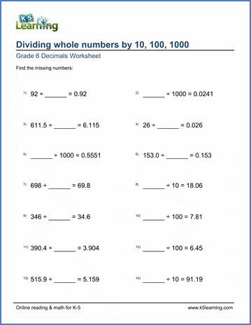 Grade 6 Decimals Worksheet dividing whole numbers by 10, 100 or 1,000 with missing number