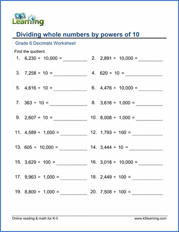 Grade 6 Decimals Worksheet dividing whole numbers by powers of 10
