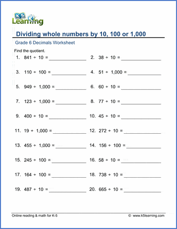 Grade 6 Decimals Worksheet dividing whole numbers by 10, 100 or 1,000
