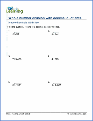 Grade 6 Decimals Worksheet whole number division with decimal quotients
