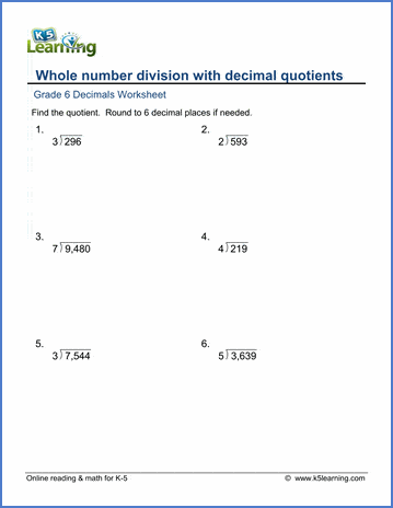 Grade 6 Math Worksheets: Whole number division with decimal quotients | K5  Learning