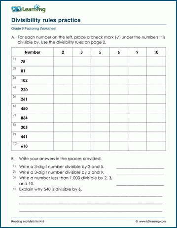 Grade 6 Factoring Worksheet: Divisibility rules practice 
