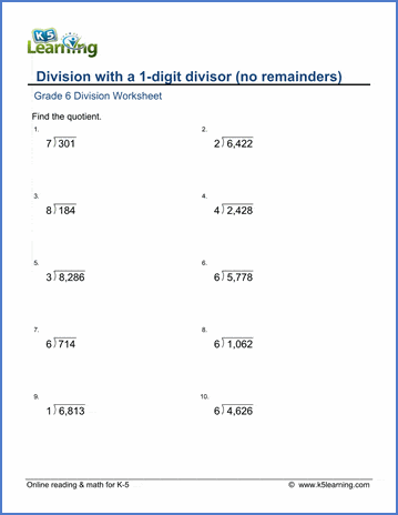 Grade 6 Multiplication and division Worksheet division with a 1-digit divisor (no remainder)