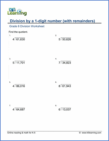 Grade 6 Multiplication and division Worksheet division with a 1-digit divisor (with remainder)