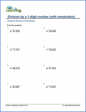 Grade 6 Math Worksheets: Division by 1-digit (with remainder) | K5 Learning