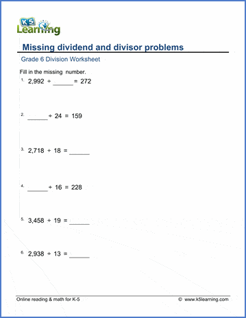 Grade 6 Multiplication and division Worksheet division with missing dividend or divisor