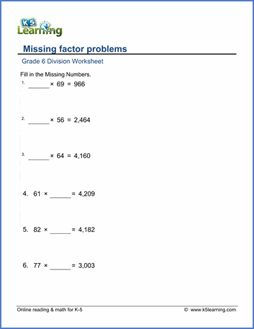 Grade 6 Multiplication and division Worksheet missing factor problems