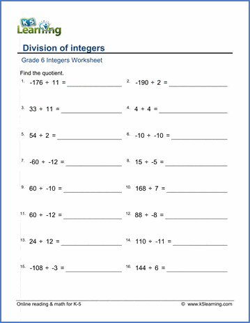 Grade 6 Integers Worksheet division of integers
