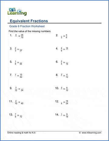 grade 6 math worksheets equivalent fractions k5 learning