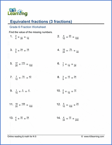 Grade 6 Fraction Worksheets: 3 equivalent fractions | K5 Learning