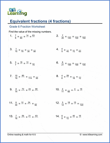 Grade 6 Fractions Worksheet equivalent fractions - hardest
