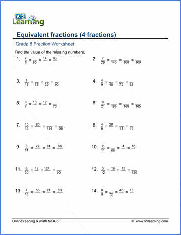 Grade 6 Fraction Worksheets: 4 equivalent fractions | K5 ...