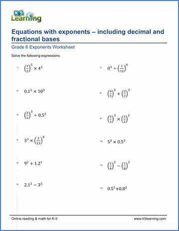 Grade 6 Exponents Worksheet equations with exponents, including bases which are decimals and fractions