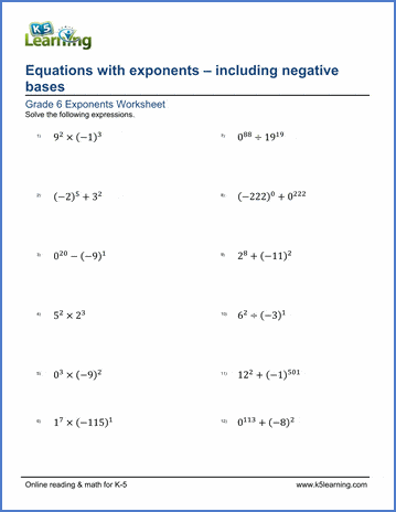 Grade 6 Exponents Worksheet equations with exponents, including negative bases