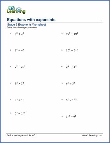 Grade 6 Exponent Worksheets: Equations with exponents | K5 Learning