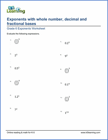 Grade 6 Exponents Worksheet exponents with whole number, decimal and fractional bases