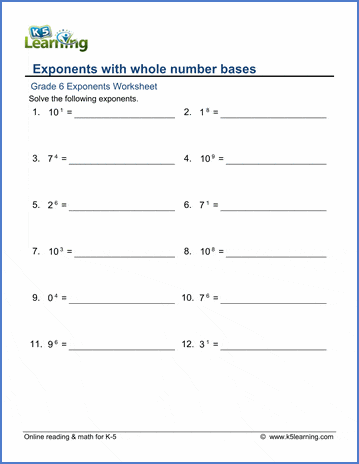 Grade 6 Exponents Worksheet exponents with whole number bases