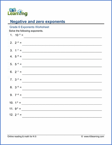 Grade 6 Exponents Worksheet whole numbers with zero and negative exponents